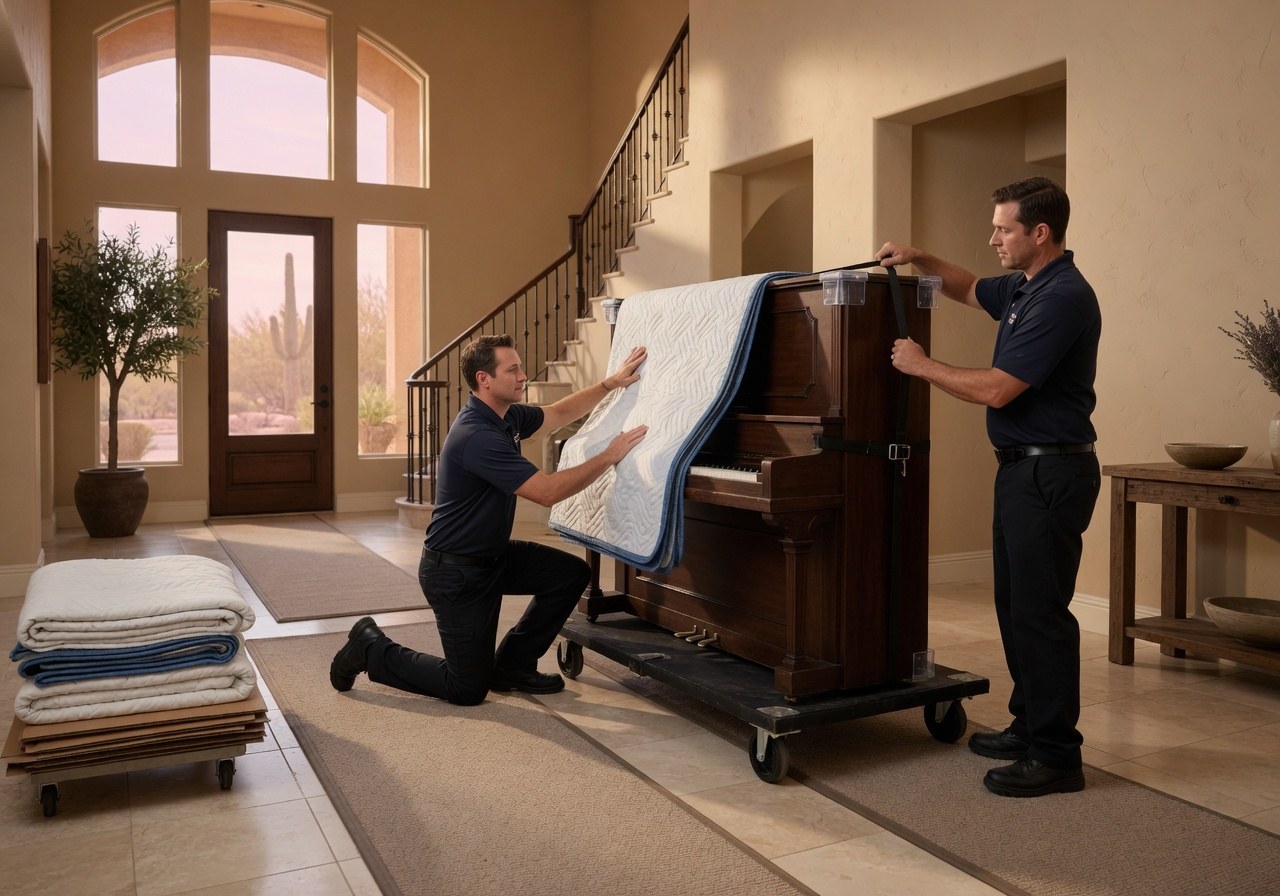 Professional piano movers protecting an upright piano with pads and floor protection